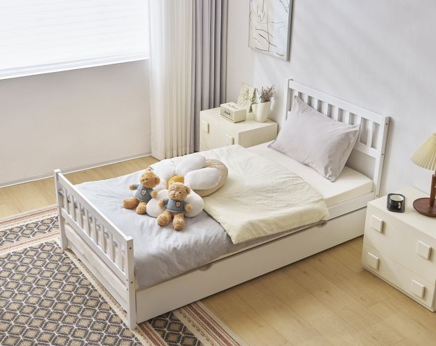 Single bunk bed with drag bed white twin wooden bed pine particle board drag bed