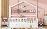 Wooden Twin Size House Bed with 2 Drawers,Kids Bed with Storage Shelf, White