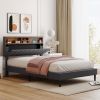 Full size Upholstered Platform Bed with Storage Headboard and USB Port, Linen Fabric Upholstered Bed
