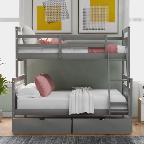 Twin over Full Bunk Bed with Ladder, Two Storage Drawers, Safety Guardrail