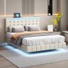 Queen Size Floating Bed Frame with LED Lights and USB Charging,Modern Upholstered Platform LED Bed Frame