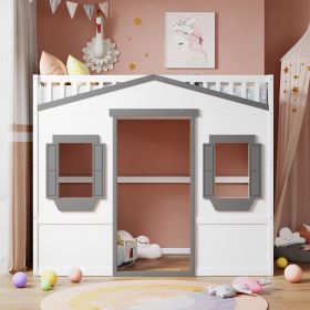 Twin Size House Loft Bed With Ladder (Color: White+gray)