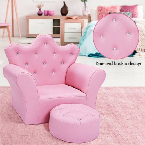 Children Upholstered Princess Sofa with Ottoman and Diamond Decoration for Boys and Girls