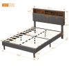 Full size Upholstered Platform Bed with Storage Headboard and USB Port, Linen Fabric Upholstered Bed