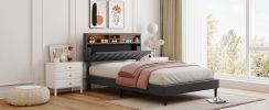 Full size Upholstered Platform Bed with Storage Headboard and USB Port, Linen Fabric Upholstered Bed