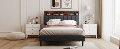 Full size Upholstered Platform Bed with Storage Headboard and USB Port, Linen Fabric Upholstered Bed