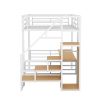 Full Size Metal Loft Bed with Desk, Storage Staircase and Small Wardrobe, Storage stairs can be installed left and right