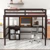 Full size Loft Bed with Desk and Writing Board, Wooden Loft Bed with Desk & 2 Drawers Cabinet