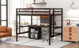 Full size Loft Bed with Desk and Writing Board, Wooden Loft Bed with Desk & 2 Drawers Cabinet