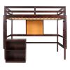 Full size Loft Bed with Desk and Writing Board, Wooden Loft Bed with Desk & 2 Drawers Cabinet