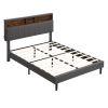 Full size Upholstered Platform Bed with Storage Headboard and USB Port, Linen Fabric Upholstered Bed